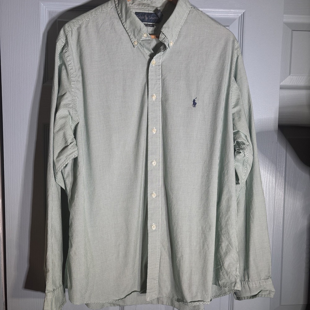 Ralph Lauren Custom Fit Button Up Shirt 18 36/37 Green White Blue Cotton XL